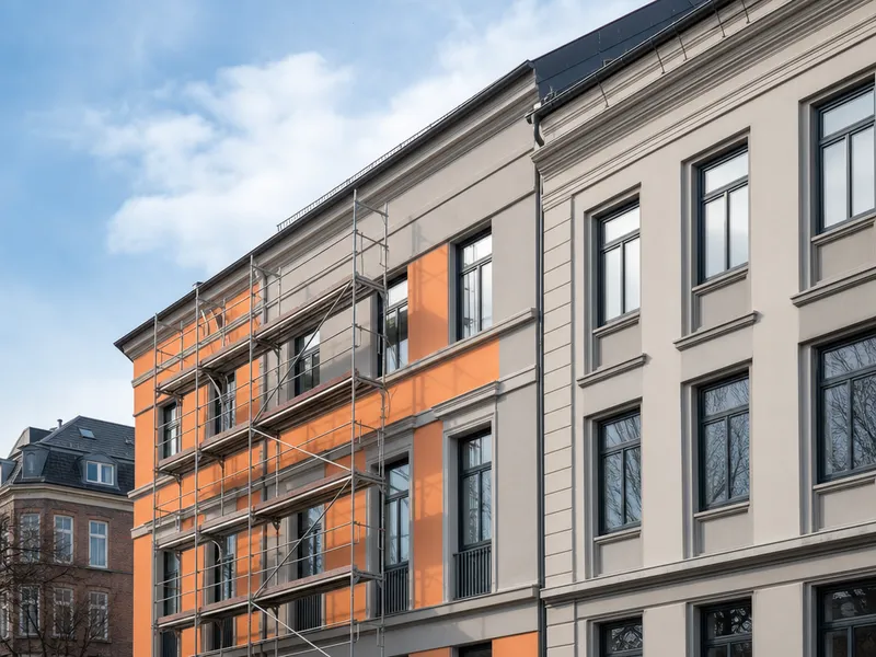 Gewerbefassade im Gerüst mit frischem Anstrich in Grau und Orange.